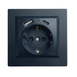 Розетка с заземлением +USB +Type C Luxel JAZZ (9131) Черная