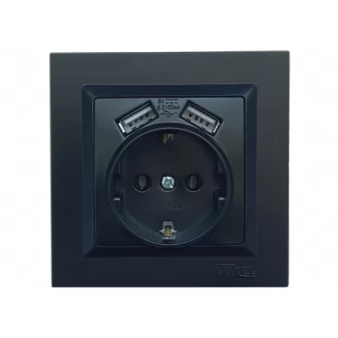 Розетка с заземлением и двумя usb портами 2,1A Luxel JAZZ (9130) Черная