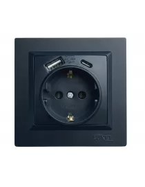 Розетка с заземлением +USB +Type C Luxel JAZZ (9131) Черная