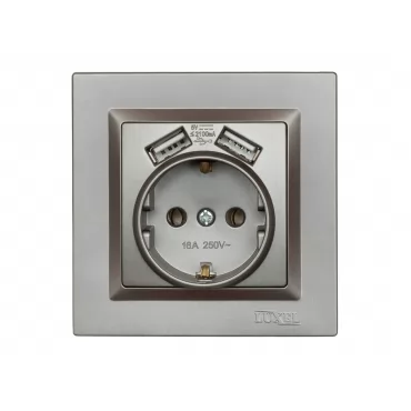 Розетка с заземлением и двумя usb портами 2,1A Luxel JAZZ (9730) Графитовая