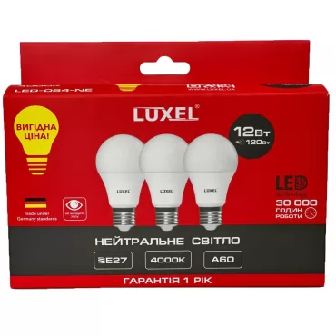 Светодиодная лампа Luxel A60 12W E27 набор 3 штуки (ECO 064-MP 12W)